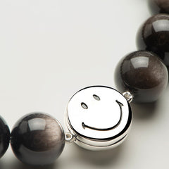 Smiley Silver Obsidian Beaded Bracelet