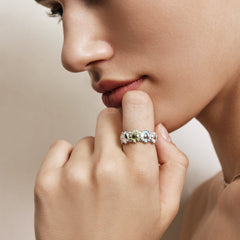 Daisy Heart Silver Tricolor Multi-Flower Ring