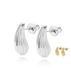 Rain Drop Silver Stripe Teardrop Stud Earring