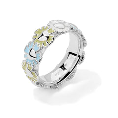Daisy Heart Silver Tricolor Multi-Flower Ring