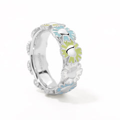 Daisy Heart Silver Tricolor Multi-Flower Ring
