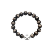 Smiley Silver Obsidian Beaded Bracelet