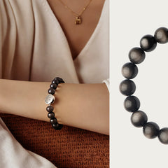 Smiley Silver Obsidian Beaded Bracelet