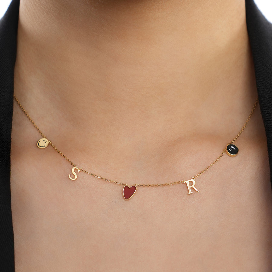 18K Smiley Face & Heart & Rat Face Onyx Necklace With Double Letters