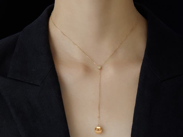 Smiley-18K Diamond Y Chain with Bead Gold Pearl Necklace 11mm