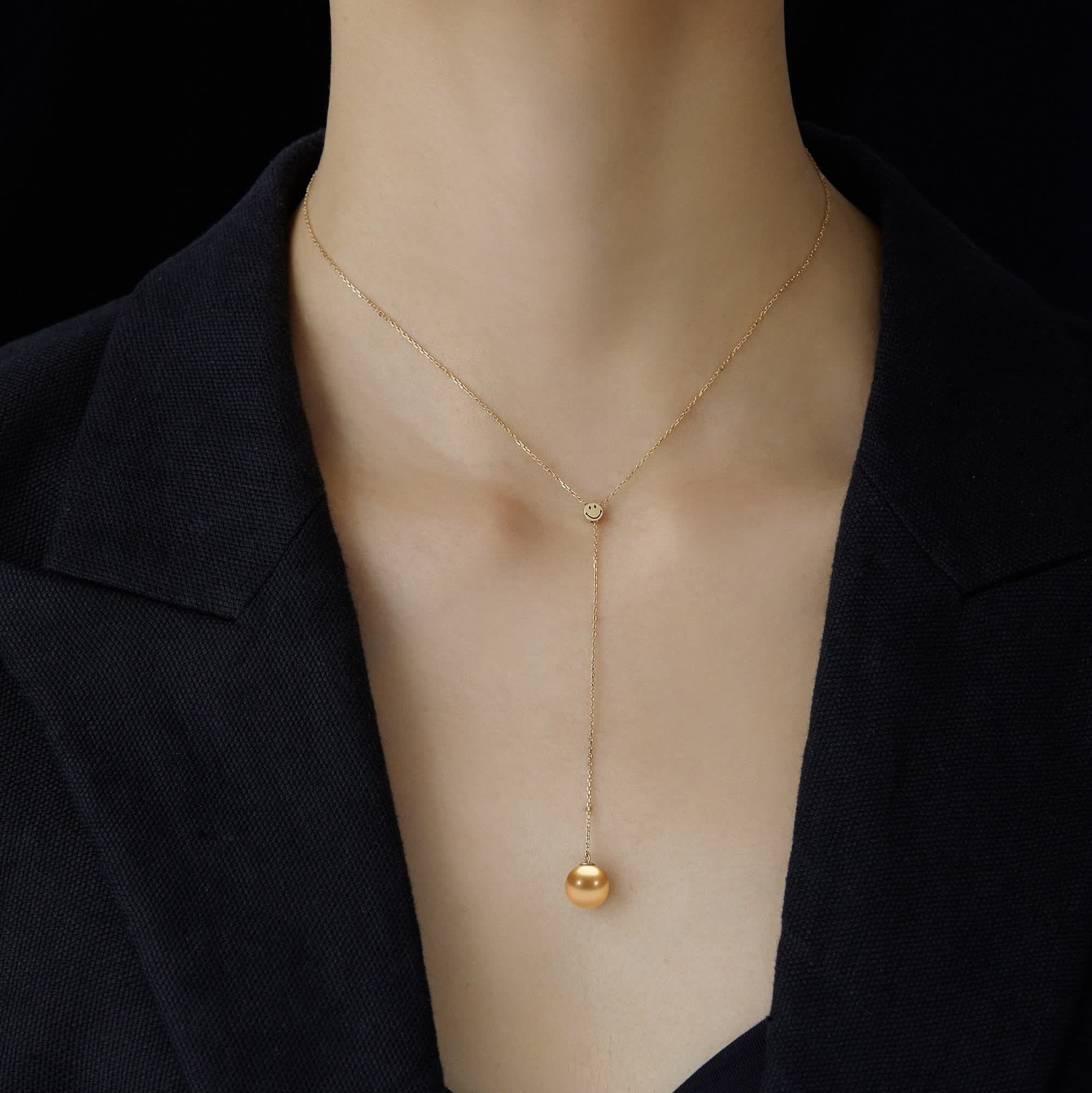 Smiley-18K Diamond Y Chain with Bead Gold Pearl Necklace