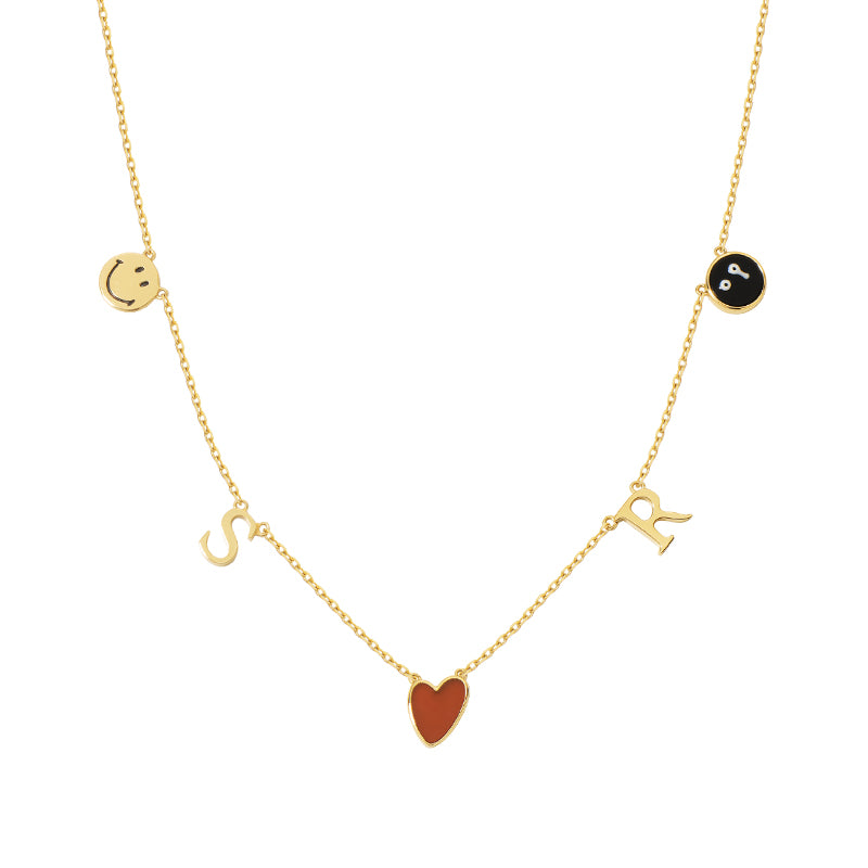 18K Smiley Face & Heart & Rat Face Onyx Necklace With Double Letters