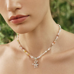 Smiley® Daisy Heart Silver Flower Bear Agate Necklace