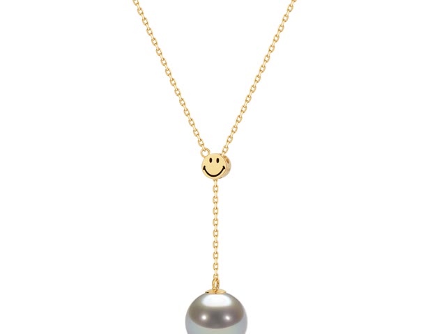 Smiley-18K Diamond Y Chain with Bead Grey Pearl Necklace 7.5-8mm