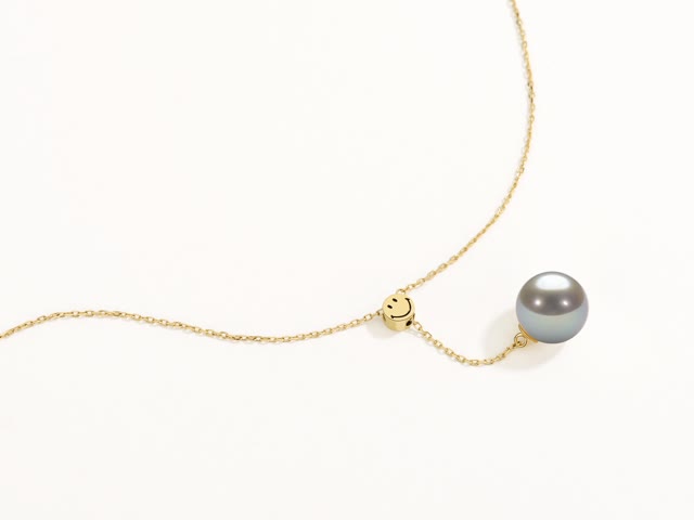Smiley-18K Diamond Y Chain with Bead Grey Pearl Necklace 7.5-8mm
