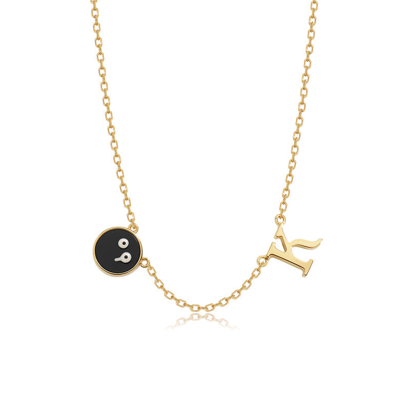 18K Smiley Heart & Rat Face Onyx Necklace With Single Letter